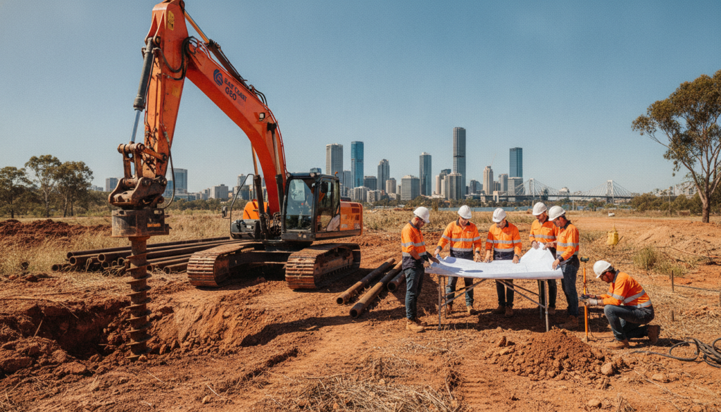 A bustling screw piling site in Brisbane, showcasing heavy machinery and workers in professional attire engaging in the process. The foreground features a large excavator drilling into the rugged terrain, with piles being positioned for installation. In the middle ground, several workers consult blueprints under the bright sunlight, while one measures soil conditions next to a test pile. The background displays Brisbane's signature skyline under a clear blue sky, adding context to the location. The atmosphere is industrious, highlighting the challenges of the site with a focus on soil composition and nearby vegetation. The lighting is bright and vibrant, emphasizing the activity. Include the logo "East Coast Geo" subtly integrated into the machinery's design, reflecting a professional and cohesive aesthetic.