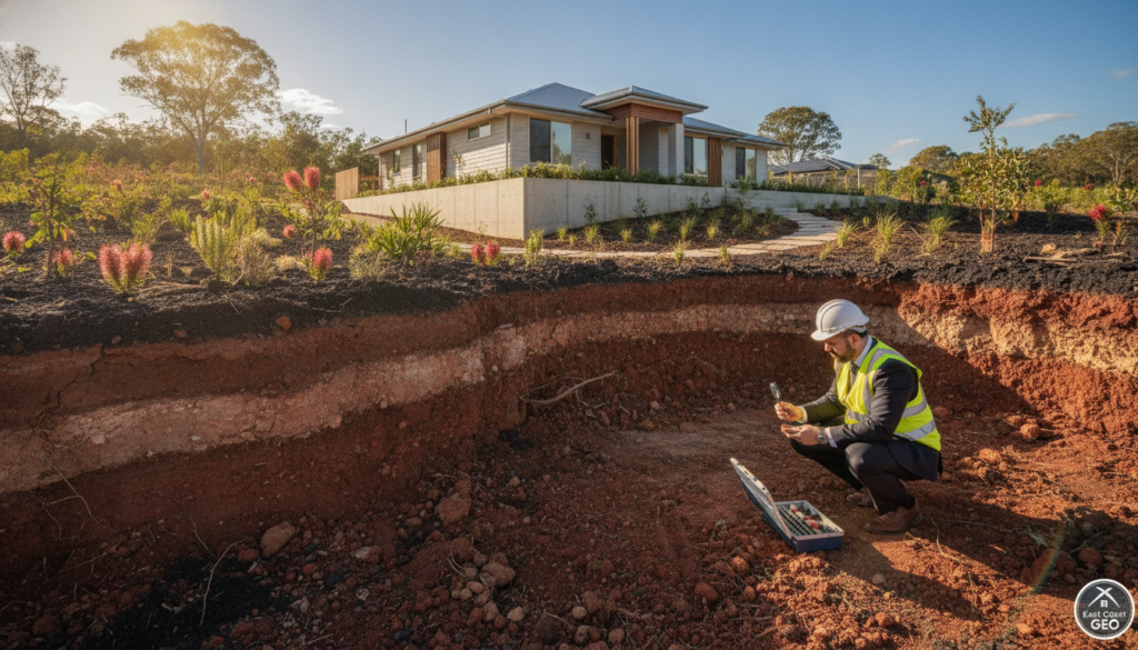 A detailed landscape of Brisbane featuring the distinctive 'Blackjack' clay foundation, showcasing its rich, reddish-brown earth tones. In the foreground, display a cross-section of the soil, revealing layers of reactive clay and some scattered native vegetation that thrive in this environment. In the middle ground, present a modest, contemporary home built on a solid foundation, surrounded by well-maintained landscaping. The background should illustrate a clear blue sky with Queensland's characteristic sunlight casting warm, natural lighting on the scene. Add a professional engineer in business attire examining soil samples, symbolizing the importance of understanding this reactive soil. The composition conveys a serene yet informative atmosphere, embodying the significance of 'Blackjack' clay in home construction, with a subtle logo of "East Coast Geo" in the corner.