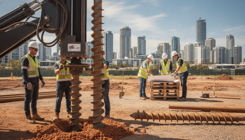 Screw pile foundations being installed in Brisbane, showcasing a construction site with workers in professional attire, focused on the screw piles being driven into the ground. In the foreground, an up-close view of the screw pile machinery with clear details of the screws and hydraulic equipment. The middle ground features a team of engineers examining a blueprint, surrounded by soil and tools, highlighting teamwork and precision. The background captures a typical Brisbane skyline with residential buildings, under a bright blue sky with gentle clouds, emphasizing the importance of modern infrastructure. Soft natural lighting enhances the scene, conveying a sense of innovation and progress in foundation work. Include the brand name "East Coast Geo" subtly integrated into the scene, reinforcing local expertise in screw piling solutions.